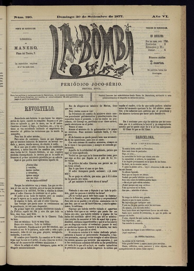 Miniatura de La Bomba: periódico bilingüe joco-serio del domingo 30 de septiembre de 1877, nº 126