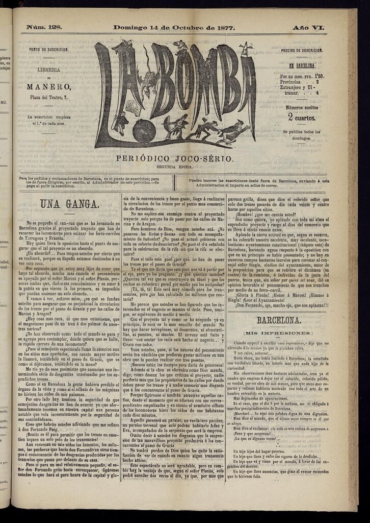 Miniatura de La Bomba: periódico bilingüe joco-serio del domingo 14 de octubre de 1877, nº 128