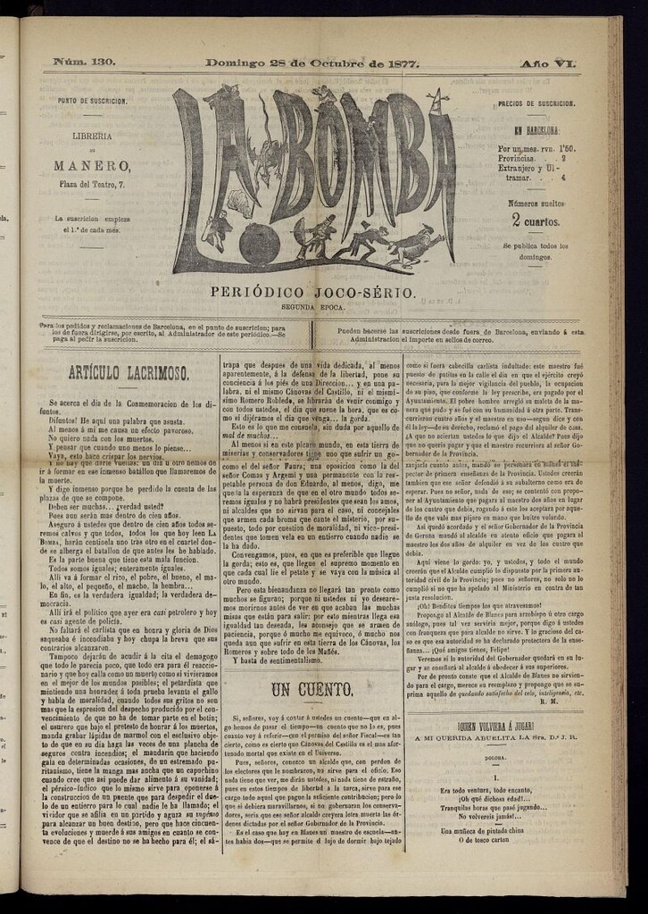 Miniatura de La Bomba: periódico bilingüe joco-serio del domingo 28 de octubre de 1877, nº 130