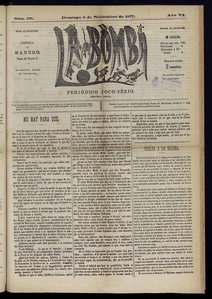 Miniatura de La Bomba: periódico bilingüe joco-serio del domingo 3 de noviembre de 1877, nº 131