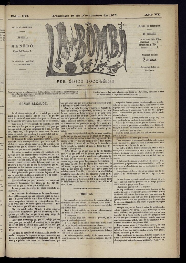 Miniatura de La Bomba: periódico bilingüe joco-serio del domingo 18 de noviembre de 1877, nº 133
