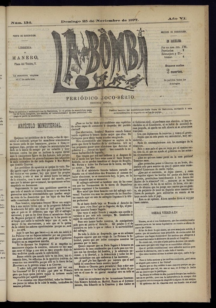 Miniatura de La Bomba: periódico bilingüe joco-serio del domingo 25 de noviembre de 1877, nº 134