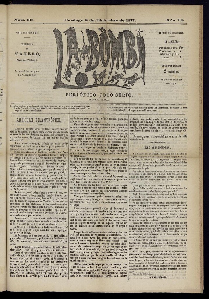 Miniatura de La Bomba: periódico bilingüe joco-serio del domingo 2 de diciembre de 1877, nº 135