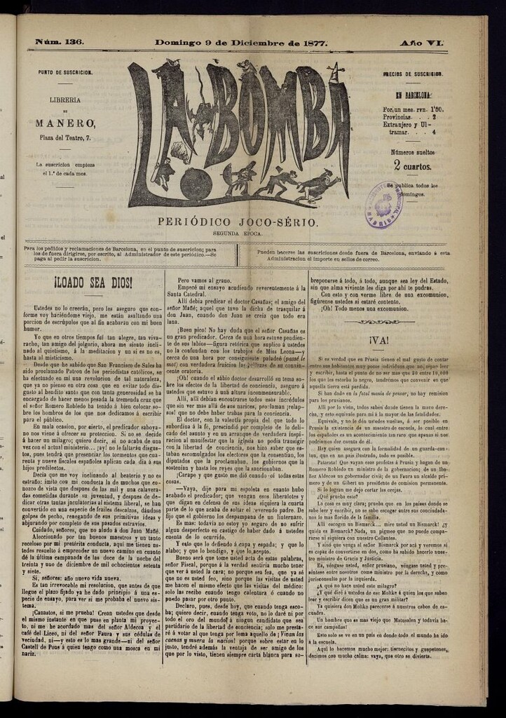 Miniatura de La Bomba: periódico bilingüe joco-serio del domingo 9 de diciembre de 1877, nº 136