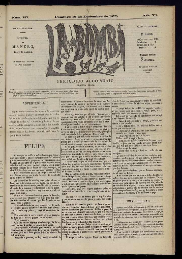 Miniatura de La Bomba: periódico bilingüe joco-serio del domingo 16 de diciembre de 1877, nº 137