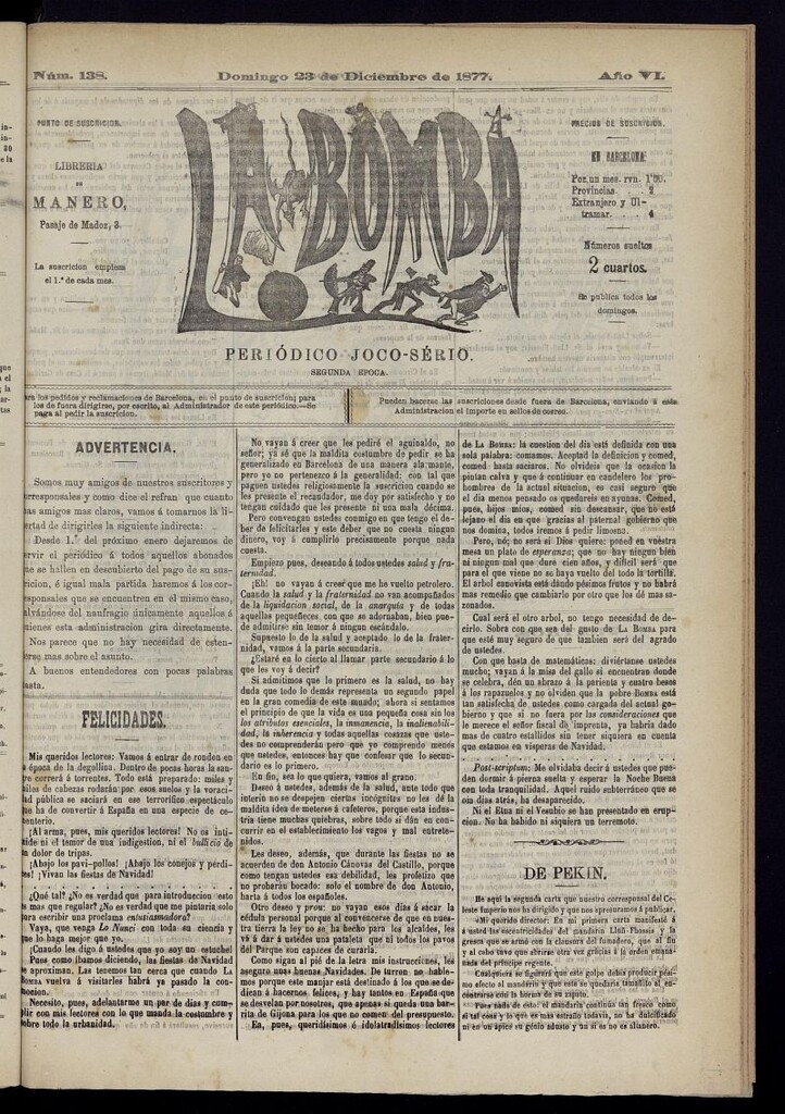 Miniatura de La Bomba: periódico bilingüe joco-serio del domingo 23 de diciembre de 1877, nº 138