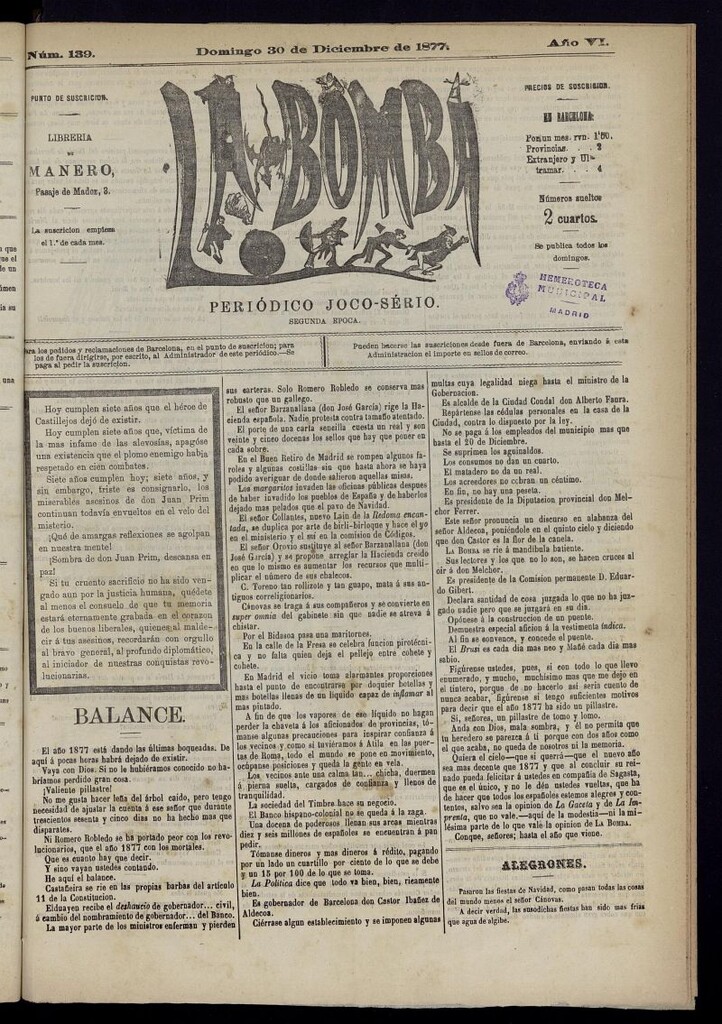 Miniatura de La Bomba: periódico bilingüe joco-serio del domingo 30 de diciembre de 1877, nº 139