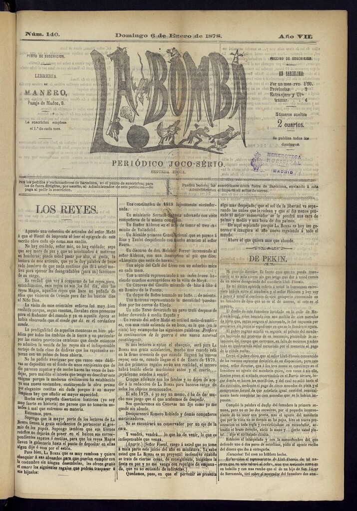 Miniatura de La Bomba: periódico bilingüe joco-serio del domingo 6 de enero de 1878, nº 140