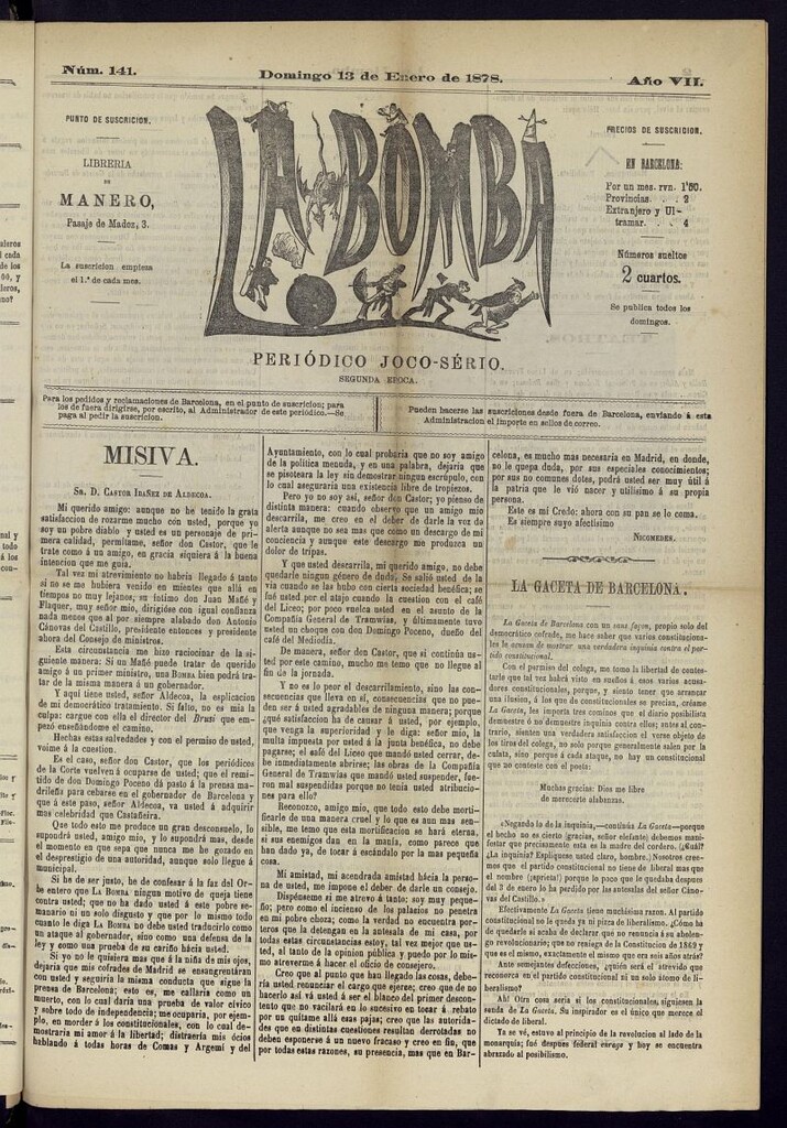 Miniatura de La Bomba: periódico bilingüe joco-serio del domingo 13 de enero de 1878, nº 141