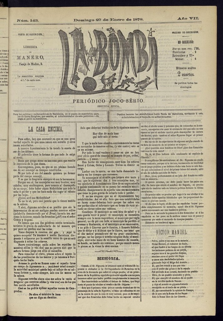 Miniatura de La Bomba: periódico bilingüe joco-serio del domingo 27 de enero de 1878, nº 143