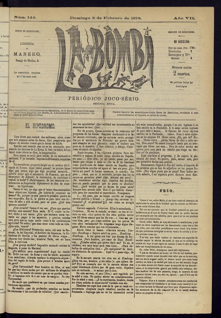 Miniatura de La Bomba: periódico bilingüe joco-serio del domingo 3 de febrero de 1878, nº 144