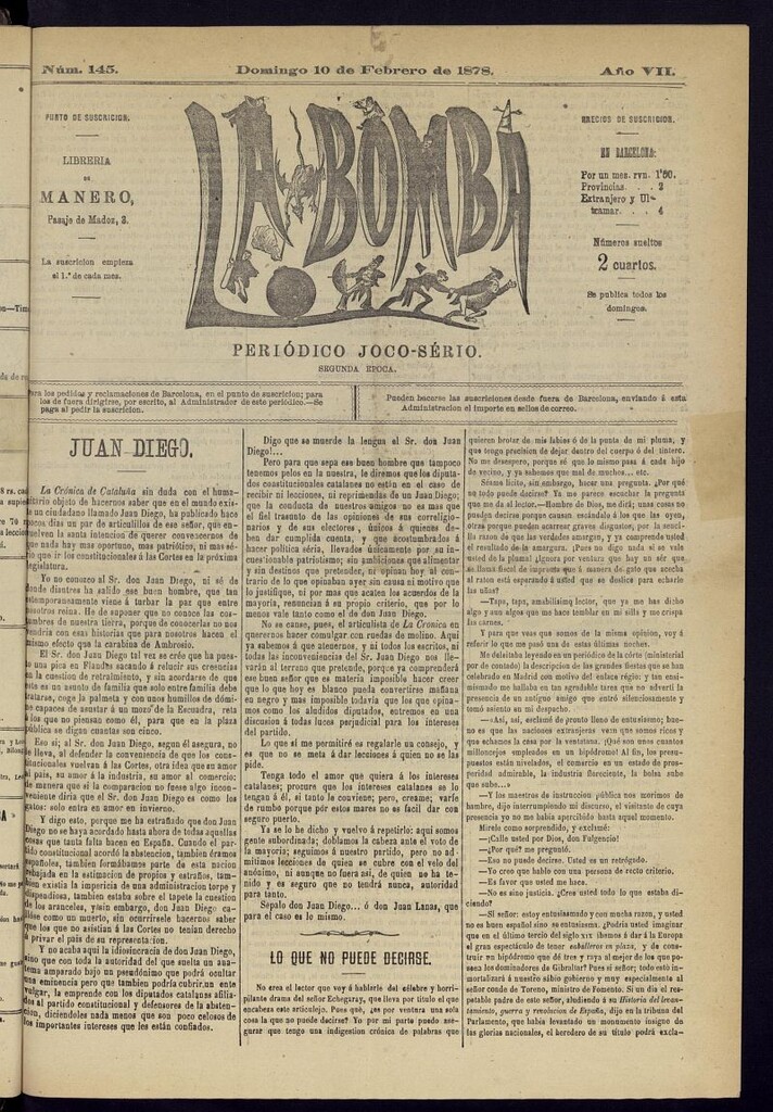 Miniatura de La Bomba: periódico bilingüe joco-serio del domingo 10 de febrero de 1878, nº 145