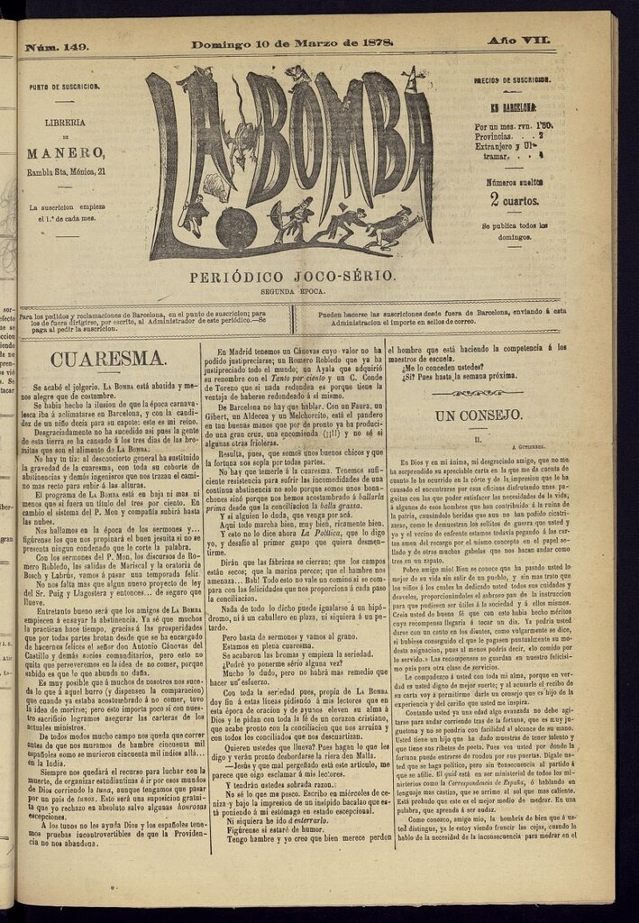 Miniatura de La Bomba: periódico bilingüe joco-serio del domingo 10 de marzo de 1878, nº 149