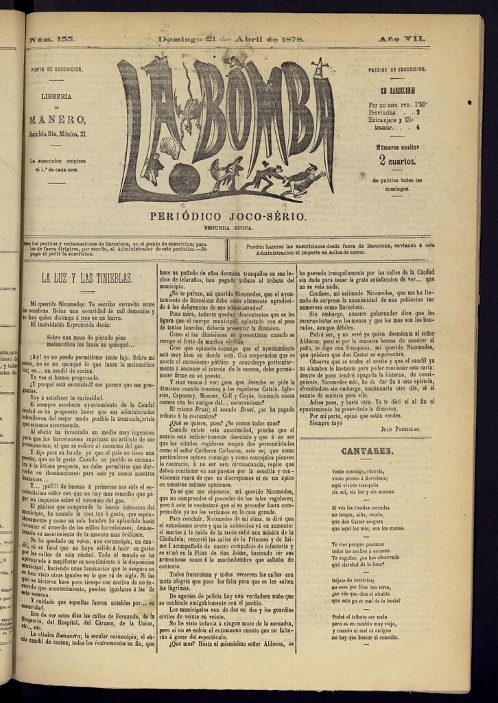 Miniatura de La Bomba: periódico bilingüe joco-serio del domingo 21 de abril de 1878, nº 155