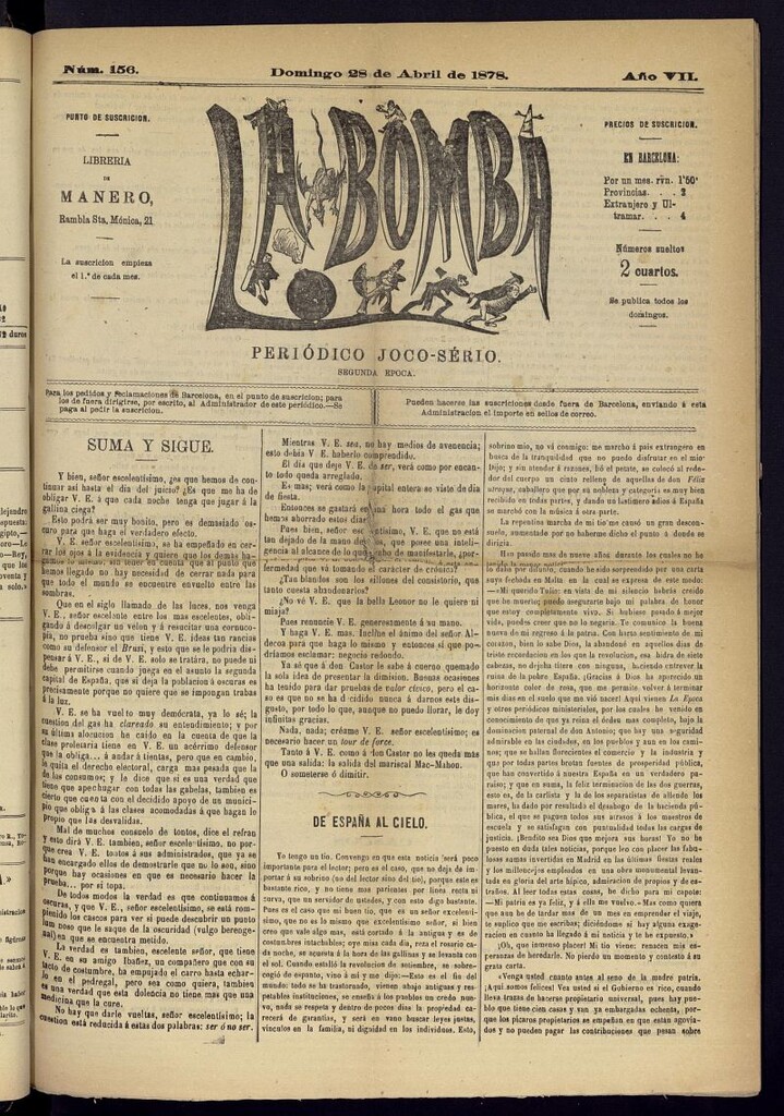 Miniatura de La Bomba: periódico bilingüe joco-serio del domingo 28 de abril de 1878, nº 156