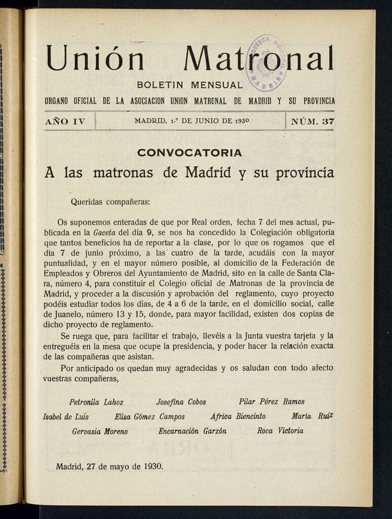 Miniatura de Unión Matronal : boletín mensual : órgano oficial de la Asociación Matronal de Madrid y su provincia. Nº 37
