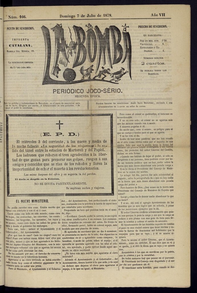 Miniatura de La Bomba: periódico bilingüe joco-serio del domingo 7 de julio de 1878, nº 166