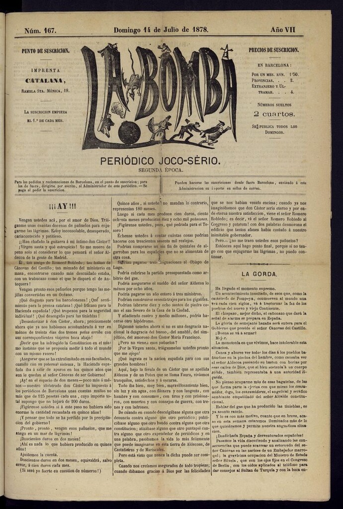 Miniatura de La Bomba: periódico bilingüe joco-serio del domingo 14 de julio de 1878, nº 167