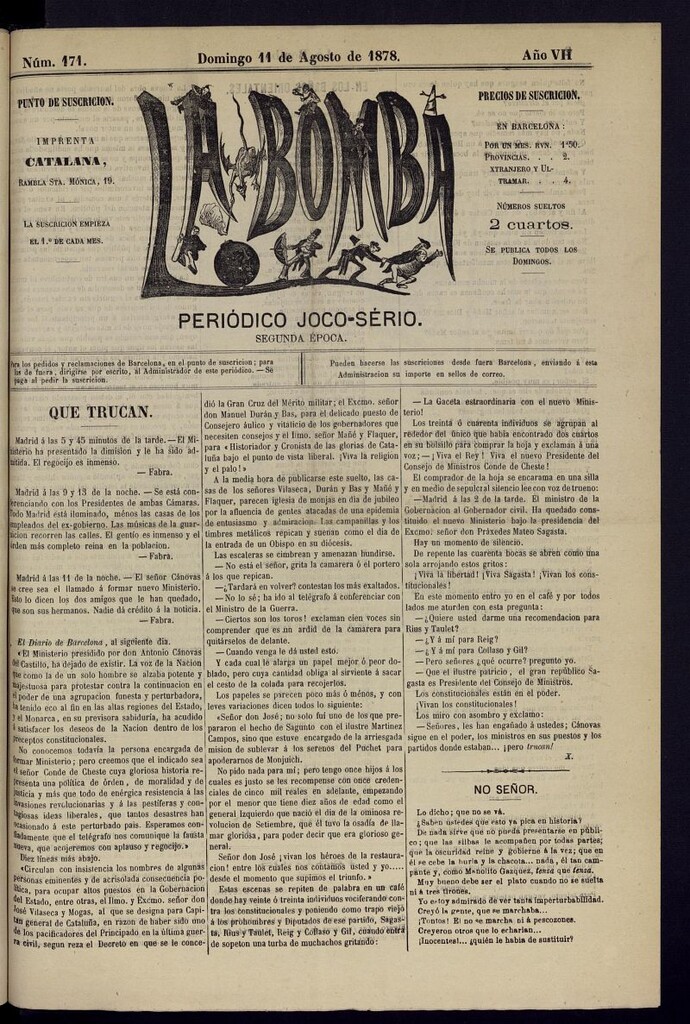 Miniatura de La Bomba: periódico bilingüe joco-serio del domingo 11 de agosto de 1878, nº 171