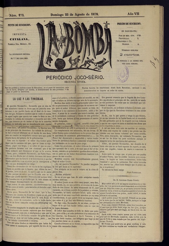 Miniatura de La Bomba: periódico bilingüe joco-serio del domingo 23 de agosto de 1878, nº 173
