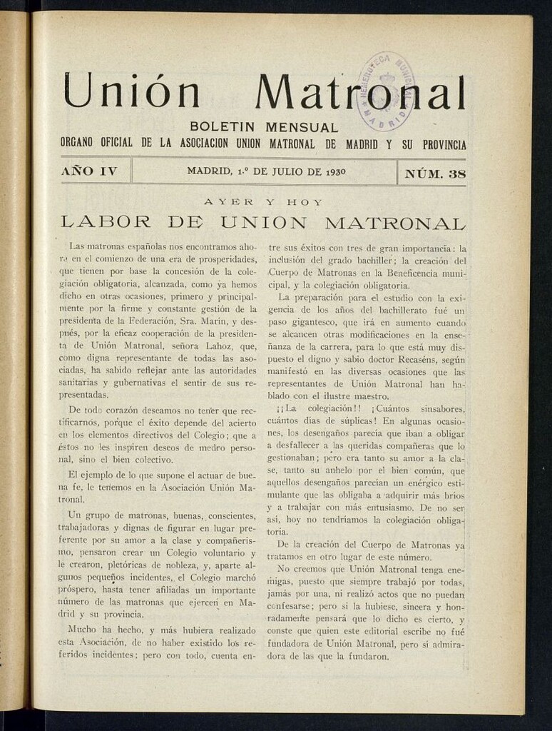Miniatura de Unión Matronal : boletín mensual : órgano oficial de la Asociación Matronal de Madrid y su provincia. Nº 38