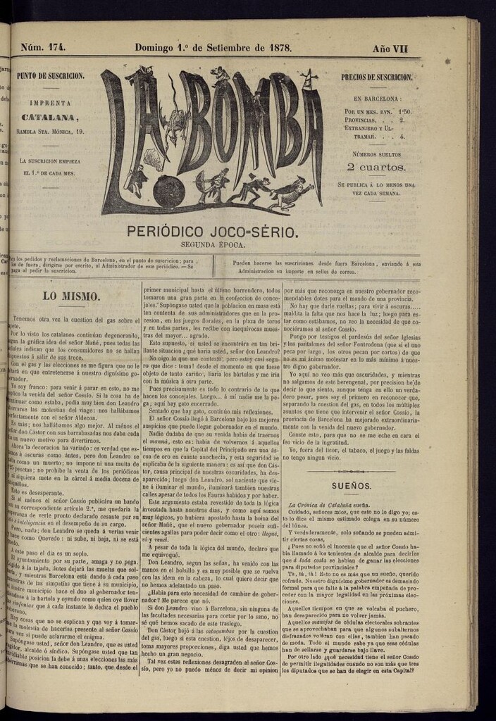 Miniatura de La Bomba: periódico bilingüe joco-serio del domingo 1 de septiembre de 1878, nº 174