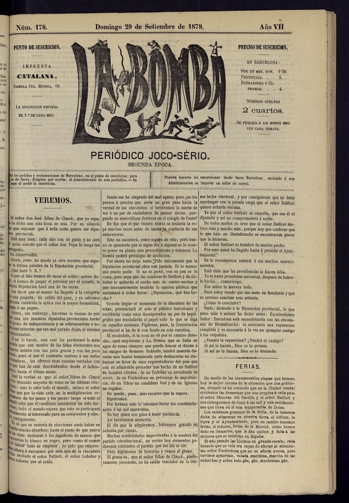 Miniatura de La Bomba: periódico bilingüe joco-serio del domingo 29 de septiembre de 1878, nº 178