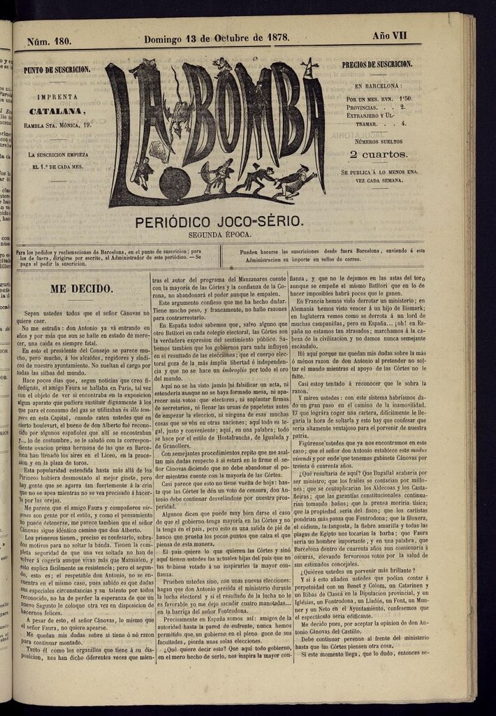 Miniatura de La Bomba: periódico bilingüe joco-serio del domingo 13 de octubre de 1878, nº 180