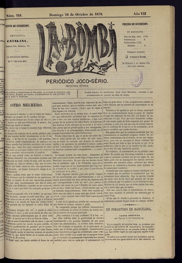 Miniatura de La Bomba: periódico bilingüe joco-serio del domingo 20 de octubre de 1878, nº 181