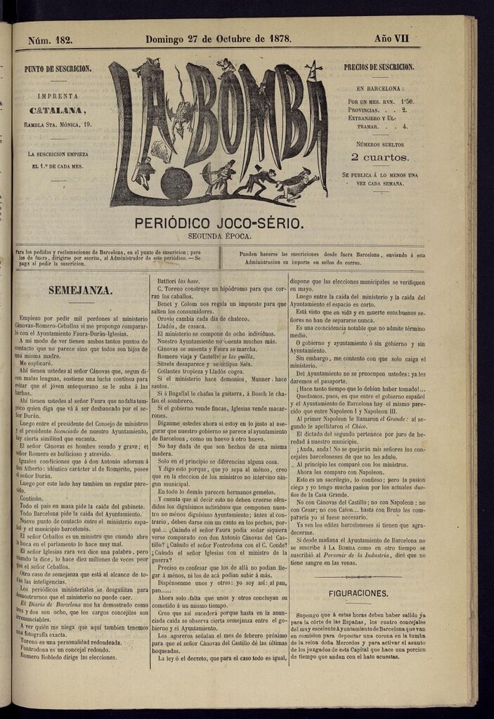 Miniatura de La Bomba: periódico bilingüe joco-serio del domingo 27 de octubre de 1878, nº 182