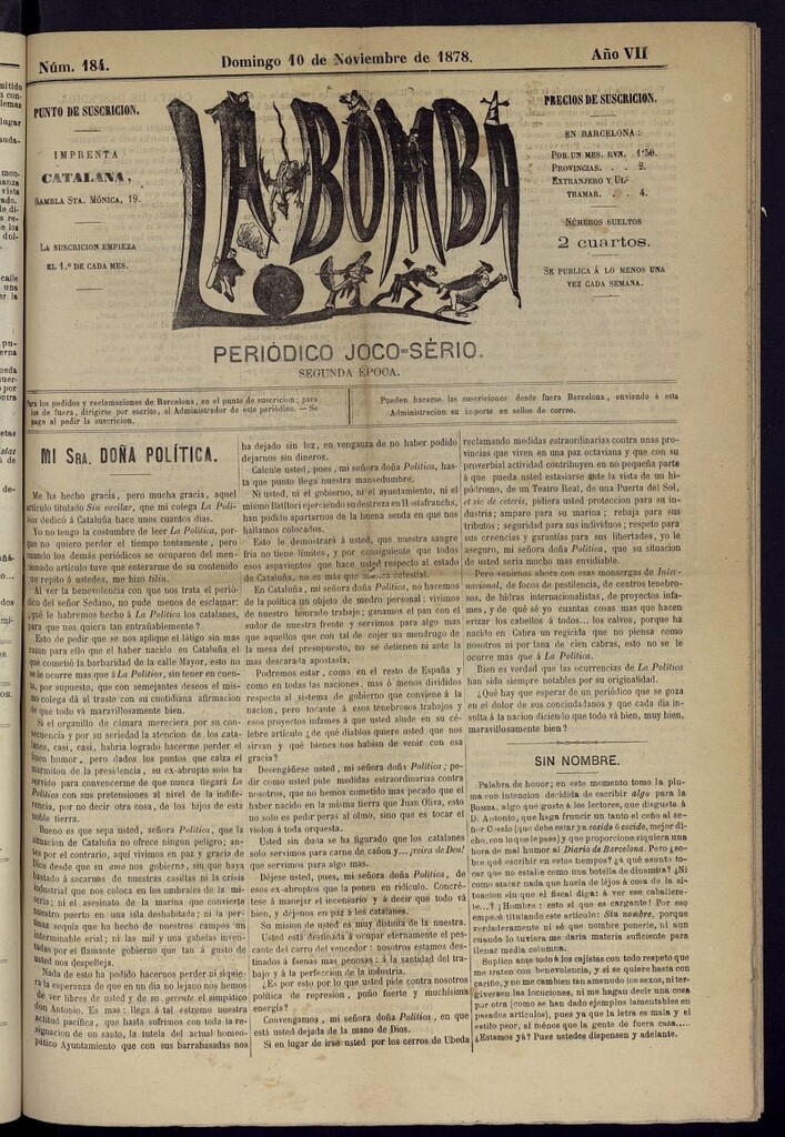 Miniatura de La Bomba: periódico bilingüe joco-serio del domingo 10 de noviembre de 1878, nº 184