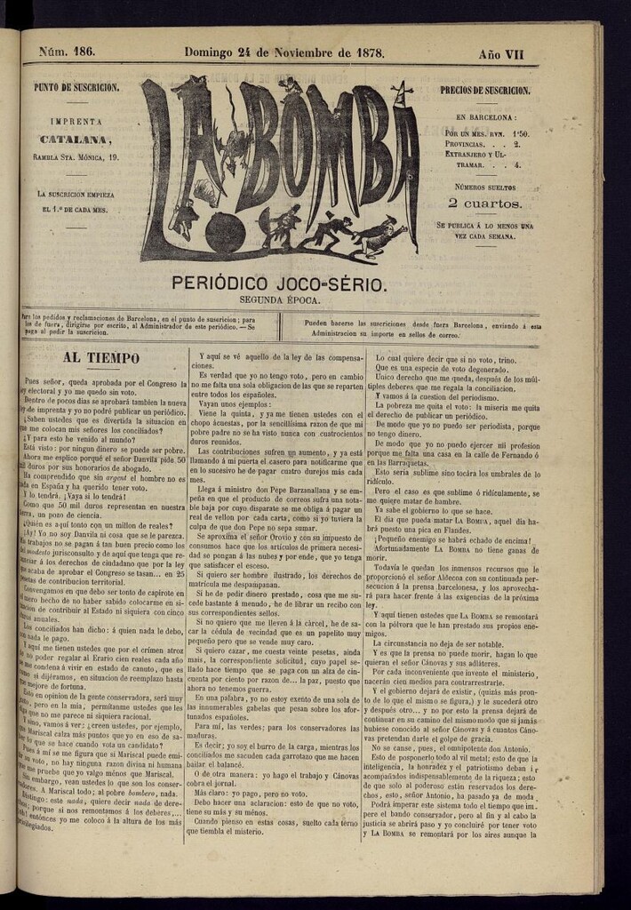 Miniatura de La Bomba: periódico bilingüe joco-serio del domingo 24 de noviembre de 1878, nº 186
