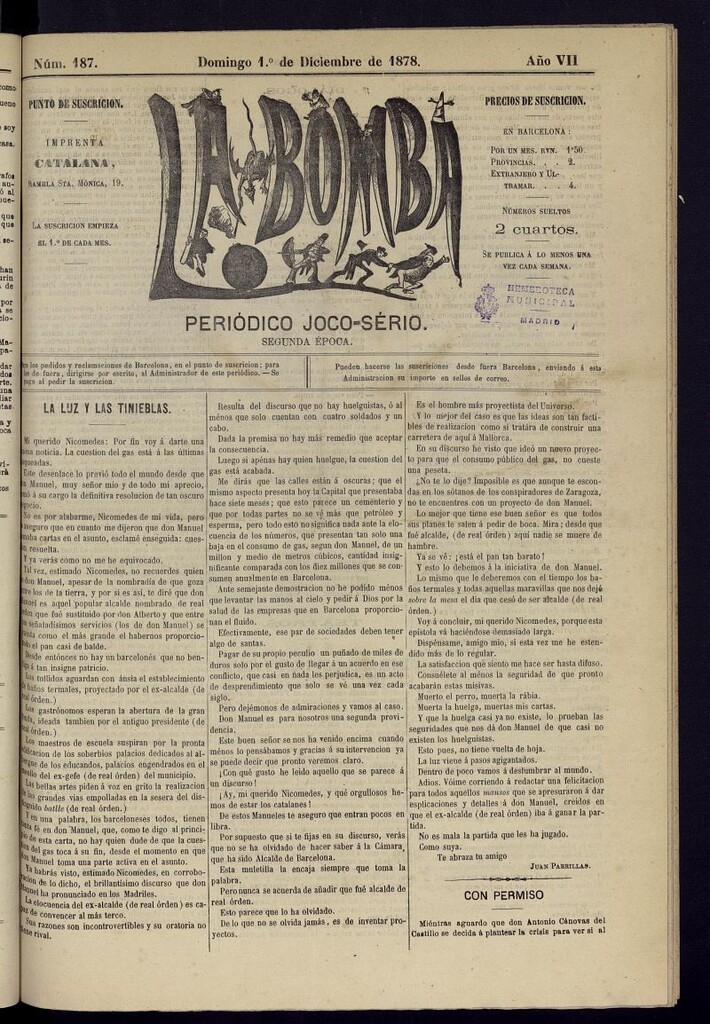 Miniatura de La Bomba: periódico bilingüe joco-serio del domingo 1 de diciembre de 1878, nº 187