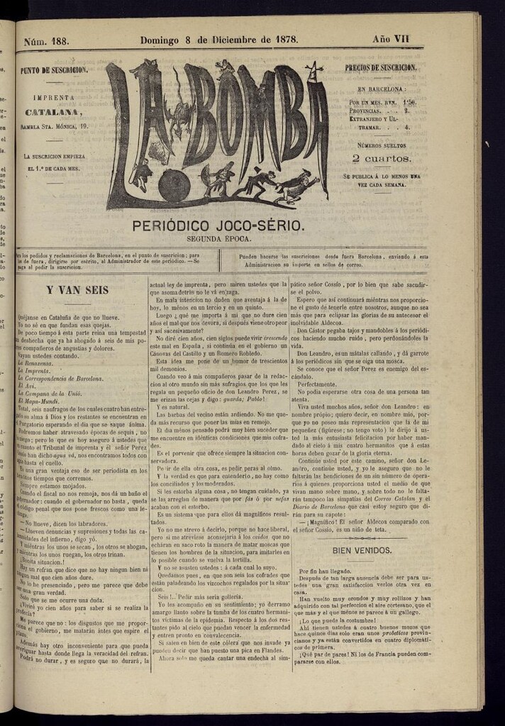Miniatura de La Bomba: periódico bilingüe joco-serio del domingo 8 de diciembre de 1878, nº 188