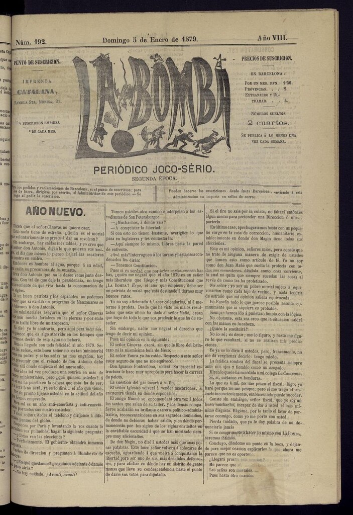 Miniatura de La Bomba: periódico bilingüe joco-serio del domingo 5 de enero de 1879, nº 192