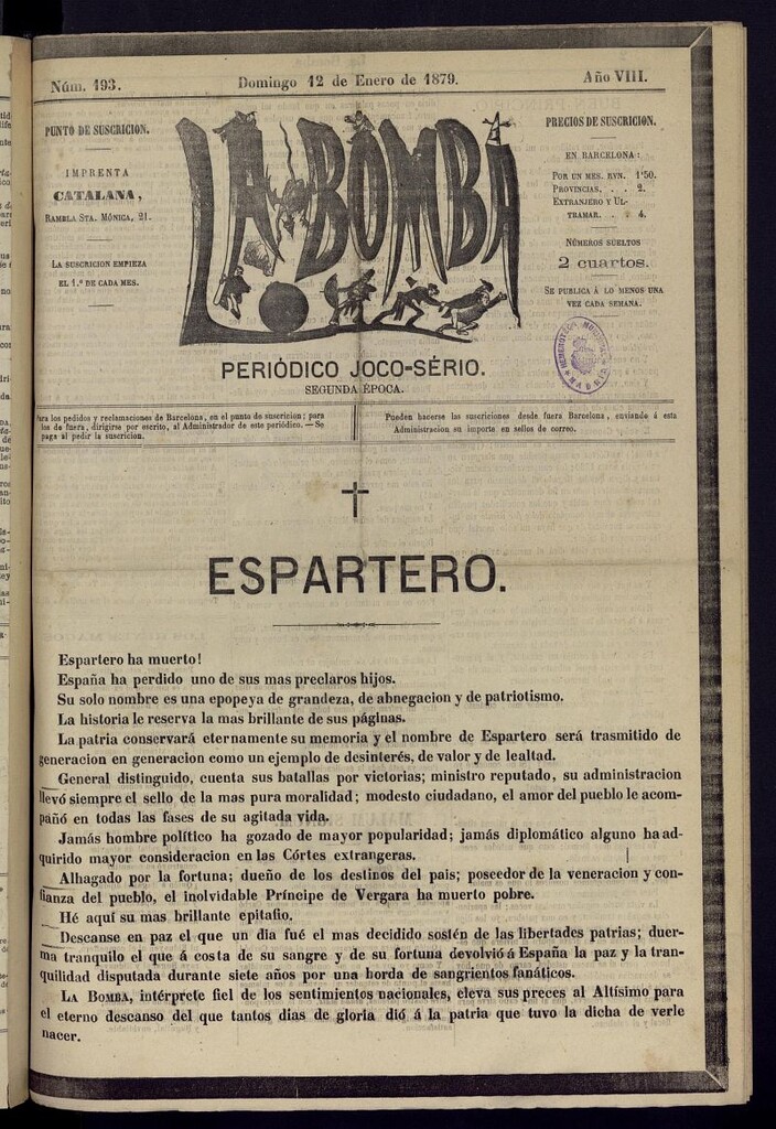 Miniatura de La Bomba: periódico bilingüe joco-serio del domingo 12 de enero de 1879, nº 193