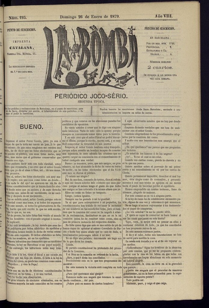 Miniatura de La Bomba: periódico bilingüe joco-serio del domingo 26 de enero de 1879, nº 195