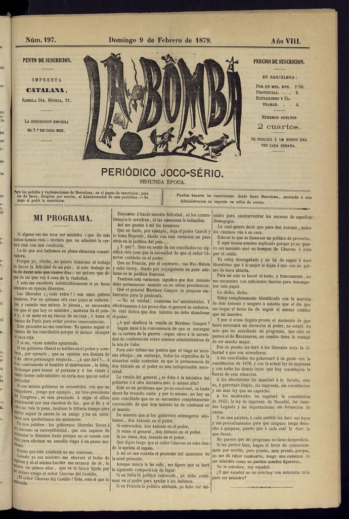 Miniatura de La Bomba: periódico bilingüe joco-serio del domingo 9 de febrero de 1879, nº 197