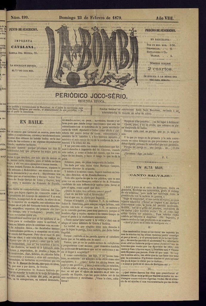 Miniatura de La Bomba: periódico bilingüe joco-serio del domingo 23 de febrero de 1879, nº 199