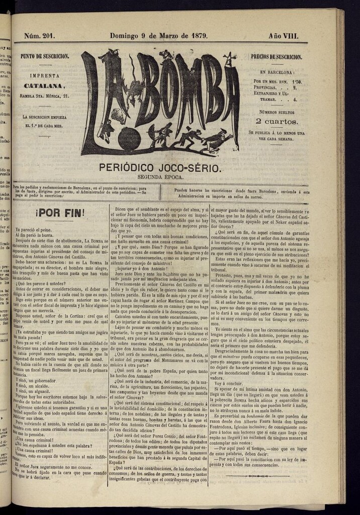 Miniatura de La Bomba: periódico bilingüe joco-serio del domingo 9 de marzo de 1879, nº 201