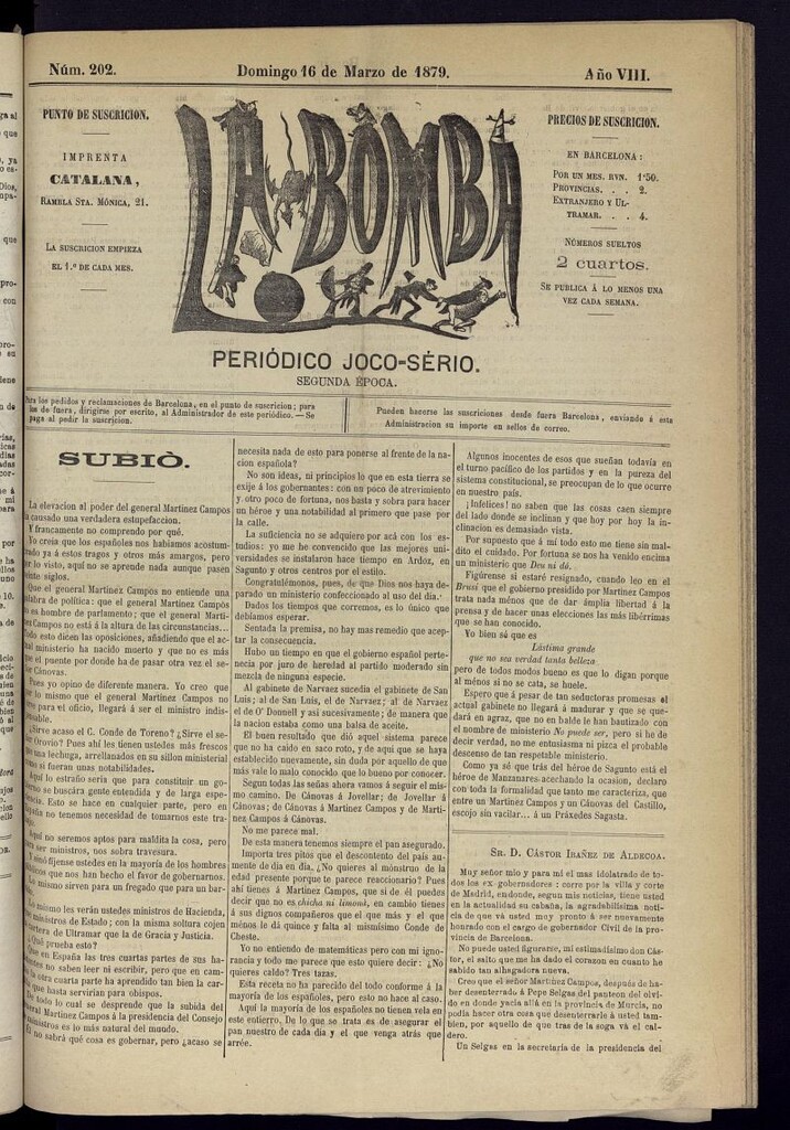 Miniatura de La Bomba: periódico bilingüe joco-serio del domingo 16 de marzo de 1879, nº 202
