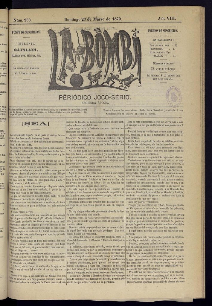 Miniatura de La Bomba: periódico bilingüe joco-serio del domingo 23 de marzo de 1879, nº 203