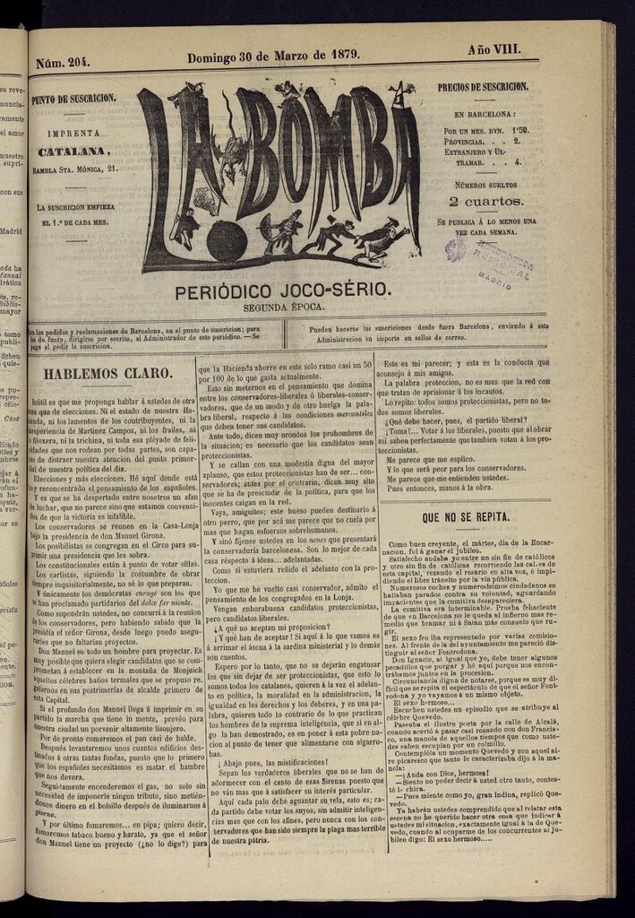 Miniatura de La Bomba: periódico bilingüe joco-serio del domingo 30 de marzo de 1879, nº 204