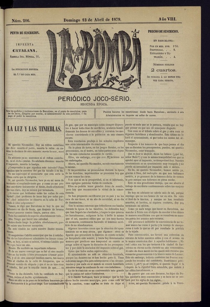 Miniatura de La Bomba: periódico bilingüe joco-serio del domingo 13 de abril de 1879, nº 206