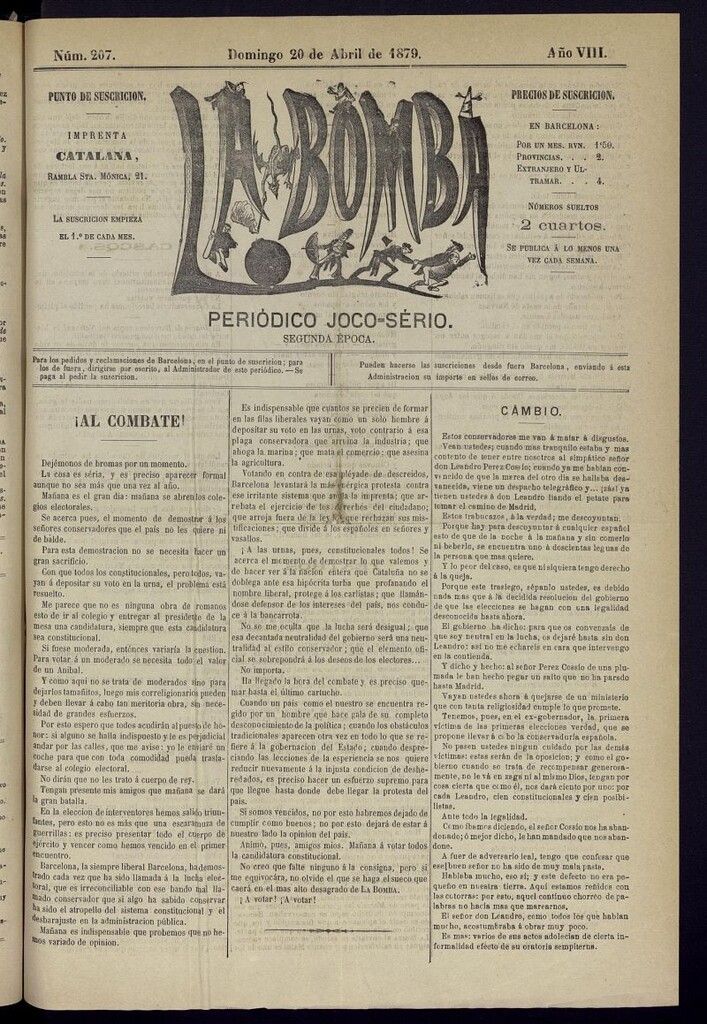 Miniatura de La Bomba: periódico bilingüe joco-serio del domingo 20 de abril de 1879, nº 207