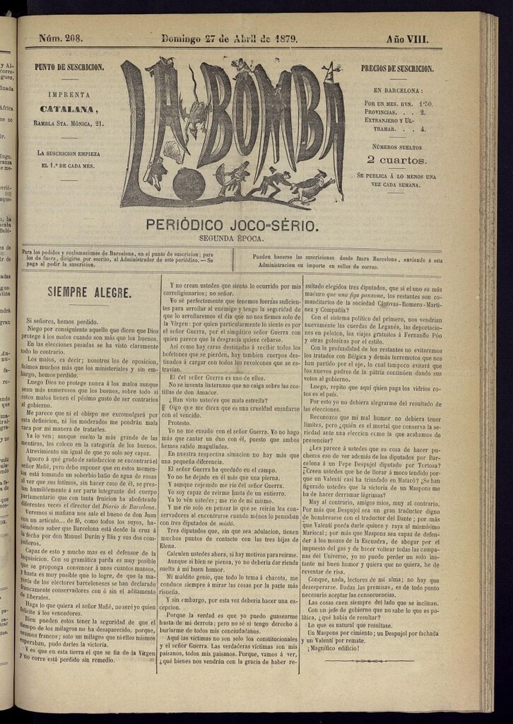 Miniatura de La Bomba: periódico bilingüe joco-serio del domingo 27 de abril de 1879, nº 208