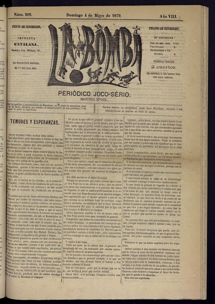 Miniatura de La Bomba: periódico bilingüe joco-serio del domingo 4 de mayo de 1879, nº 209