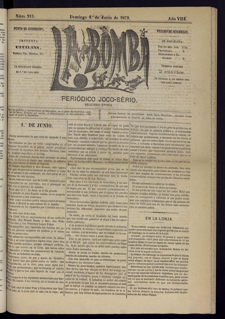 Miniatura de La Bomba: periódico bilingüe joco-serio del domingo 1 de junio de 1879, nº 213