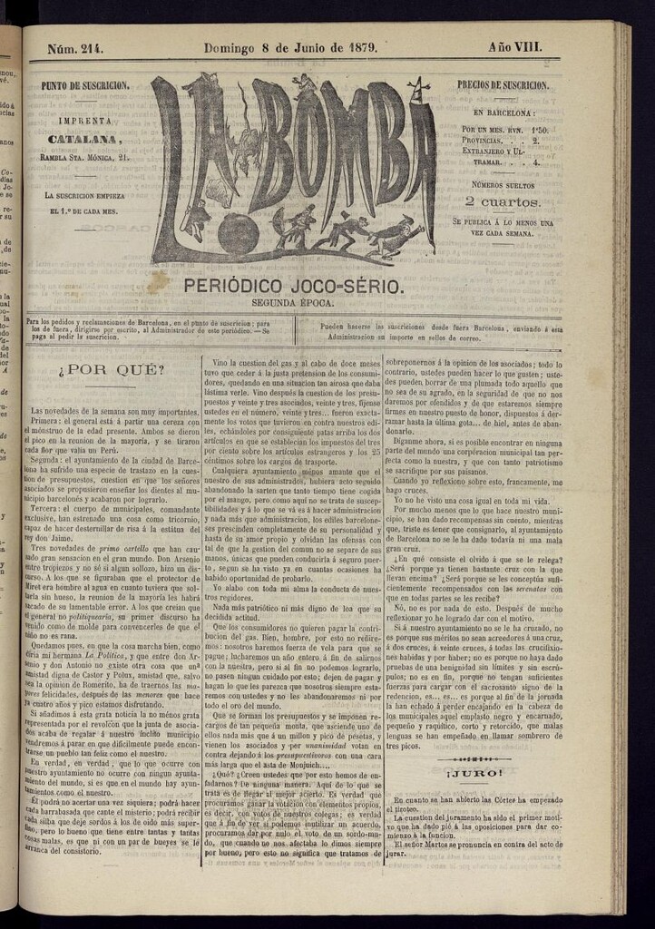 Miniatura de La Bomba: periódico bilingüe joco-serio del domingo 8 de junio de 1879, nº 214