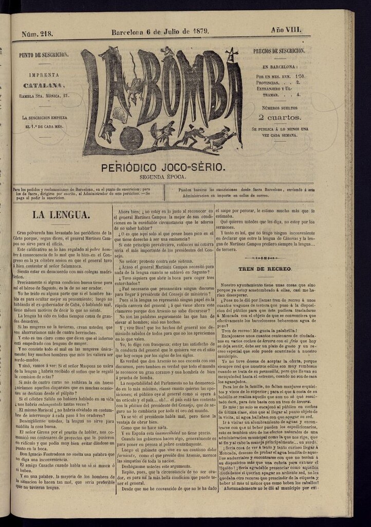 Miniatura de La Bomba: periódico bilingüe joco-serio del 6 de julio de 1879, nº 218